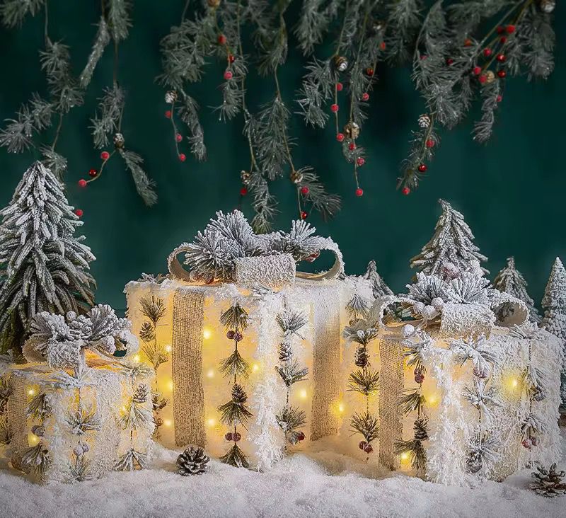 3Pc Snow Flocked Lighted Christmas Gift Box Set