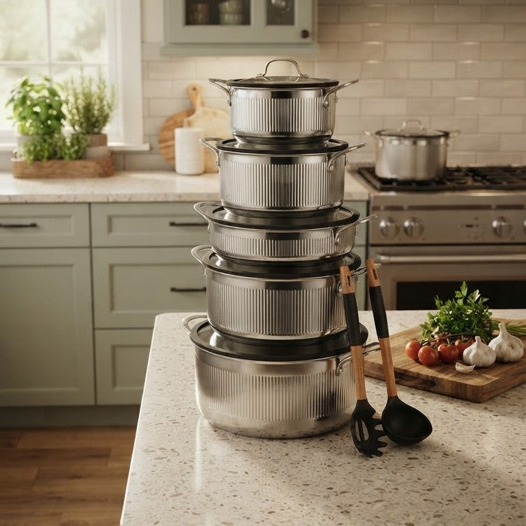 12Piece Ribbed Triply Stainless Steel Cookware Set