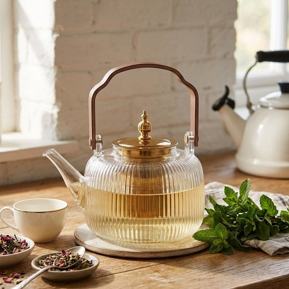 1350ml high borosilicate glass infuser kettle, heat resistant teapot with handle for brewing tea