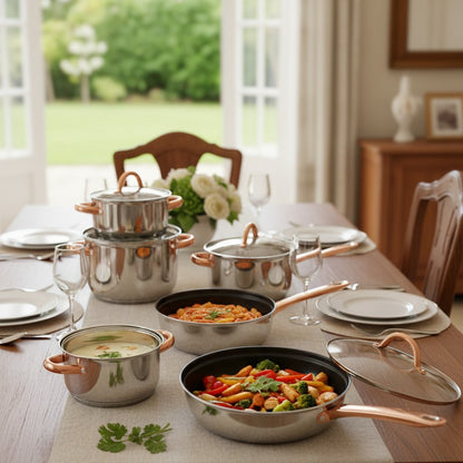 12-pieces stainless steel cookware set by induction compatible for versatile cooking