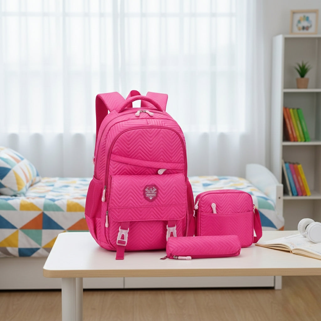 Chevron patterned backpack set with insulated lunch bag and pencil case, suitable for school and casual use