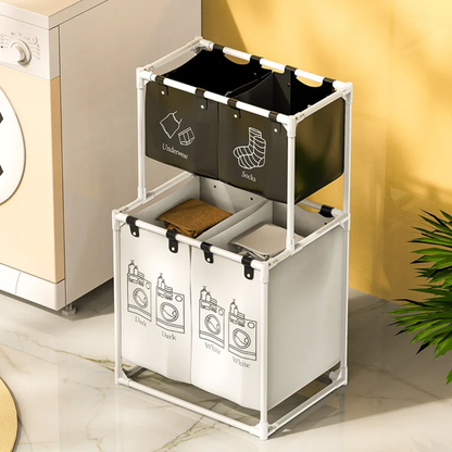 Foldable laundry basket with wheels, extra storage compartments, and top shelf for dirty clothes organization