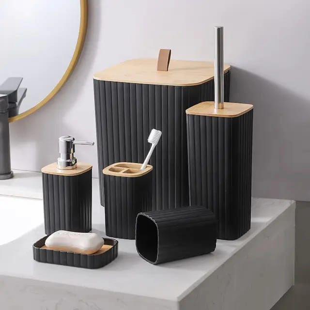 6 in 1 bathroom accessories set with wooden top in black, white, and grey