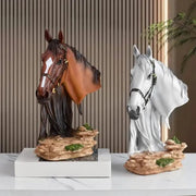 Dawood Lifestyle & Gadgets kes 33cm resin horse head statue with detailed mane and bridle on a textured rock base, available in rich brown and elegant white finishes.