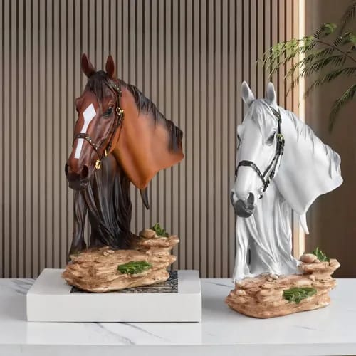 Dawood Lifestyle & Gadgets kes 33cm resin horse head statue with detailed mane and bridle on a textured rock base, available in rich brown and elegant white finishes.