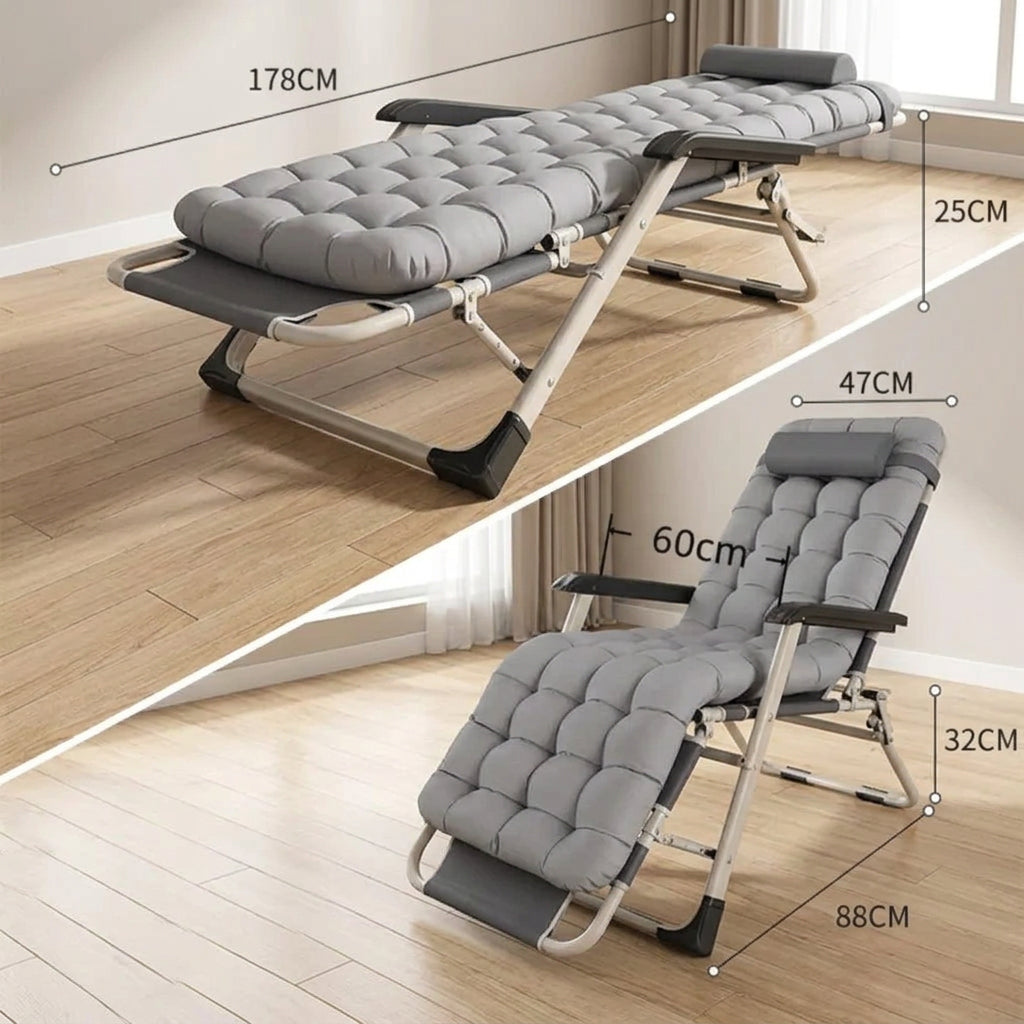 178cm Adjustable Folding Lounge Chair and Cot with Grey Cushion