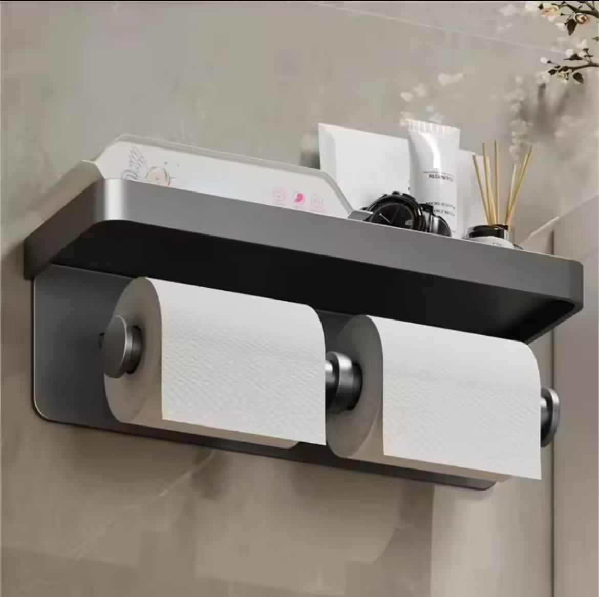Double roll wall-mounted paper holder with aluminum shelf