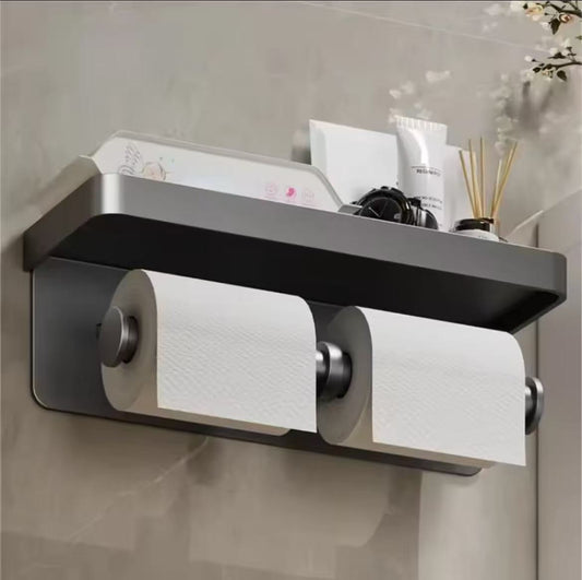 Double roll wall-mounted paper holder with aluminum shelf