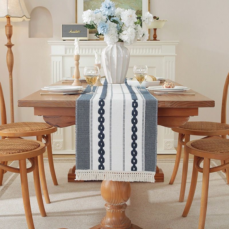 Modern cotton linen table runner with tassels, available in two sizes