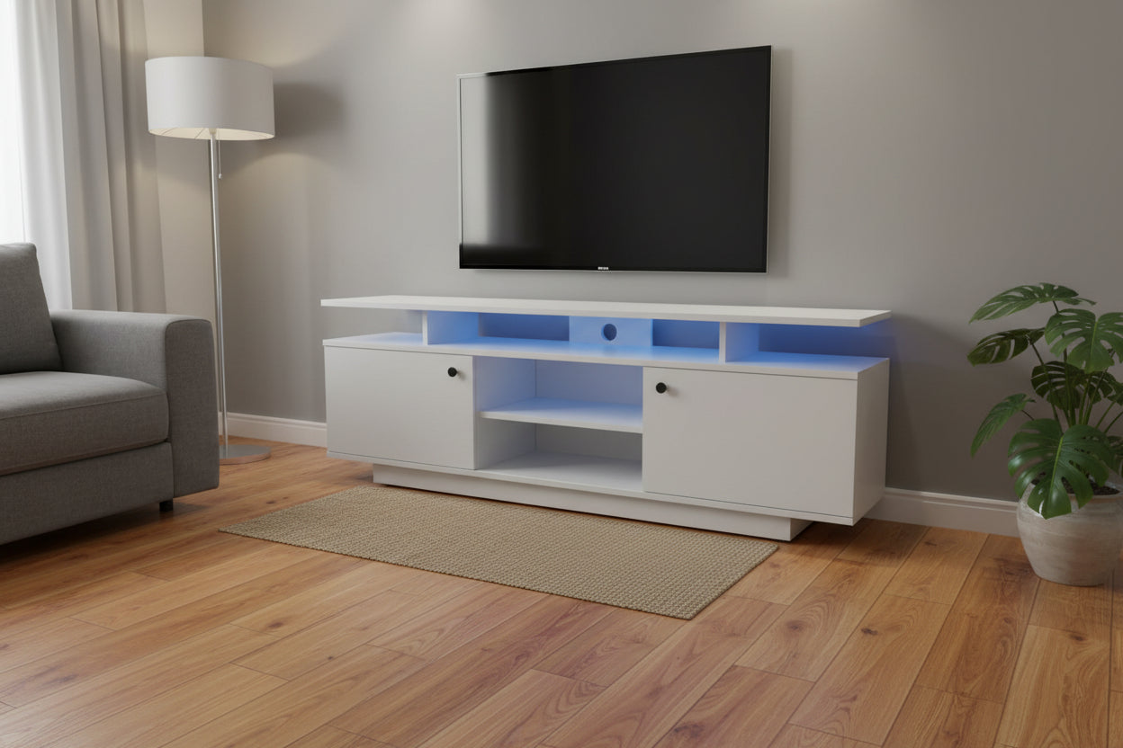 Modern wooden 5ft TV stand with LED light and storage shelves for living room entertainment setup