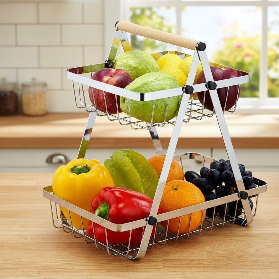 2-layer silver stainless steel fruitbasket rectangular design