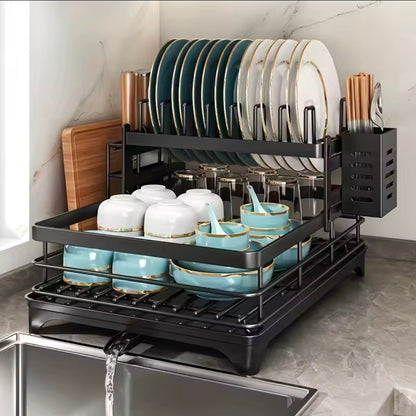 2 Tier Dish Rack with Cutlery Holder & Chop Board Holder