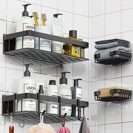 Four-piece rustproof shower caddy set for smooth walls.
