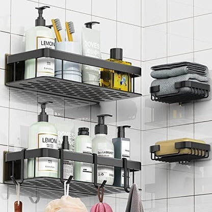 Four-piece rustproof shower caddy set for smooth walls.

