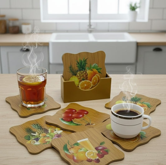 6-piece Bamboo coaster set with assorted prints and stand.