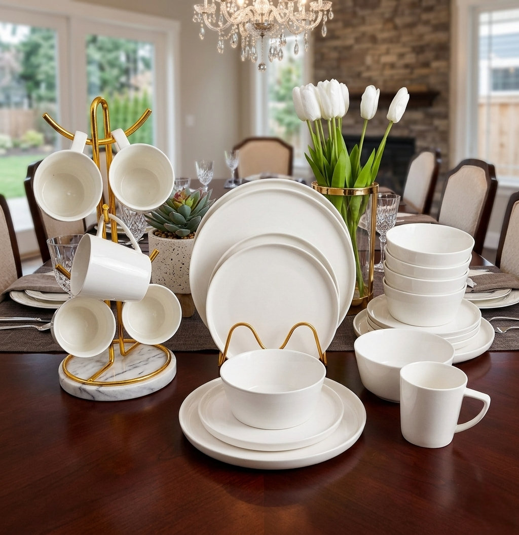 24 Piece dinner set with dinner plates side plates bowls and cups for elegant dining
