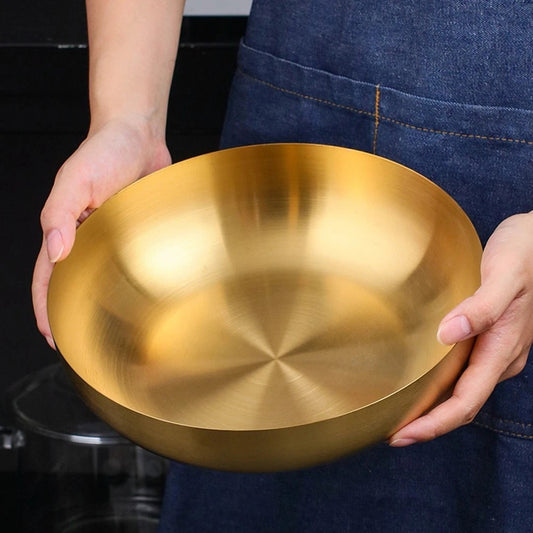 Gold stainless steel serving bowl with three litre capacity.