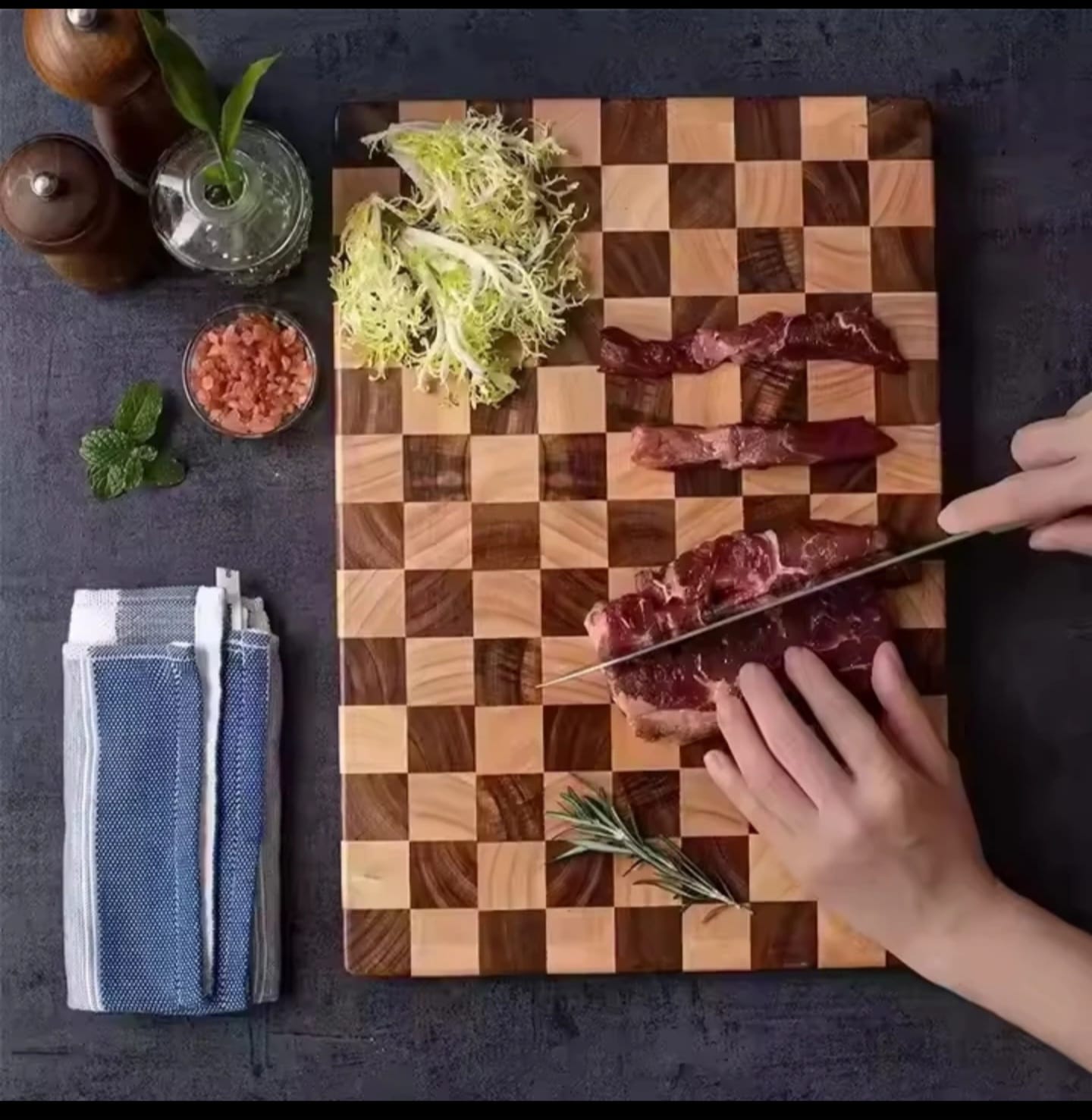 Rectangular thick acacia wood cutting board with double-sided design.