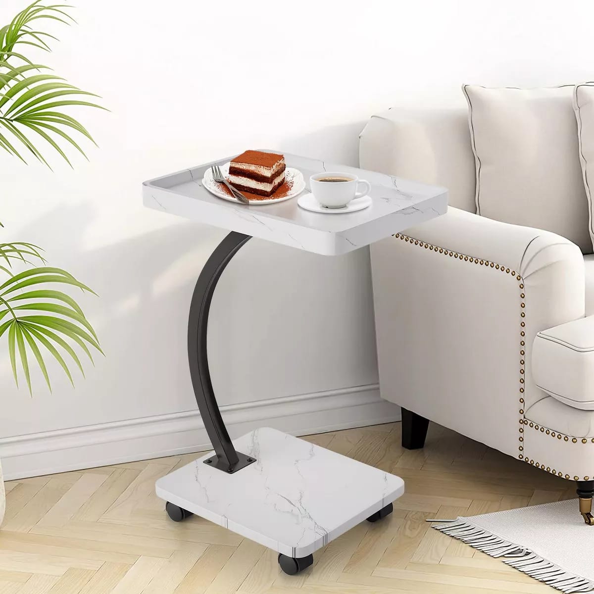 Adjustable C shaped side table stool in brown, white, and black for sofa, bedroom, and laptop