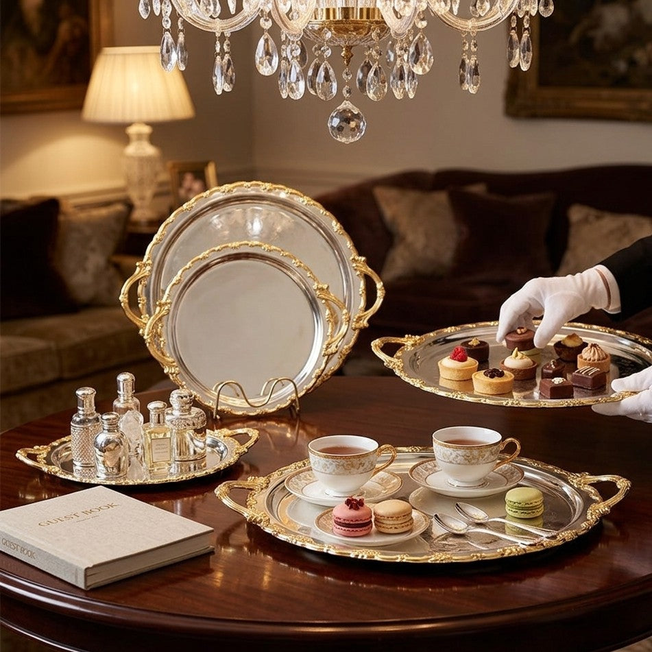 Set of 3 luxury round gold plated serving trays in assorted sizes for elegant serving and décor. 
