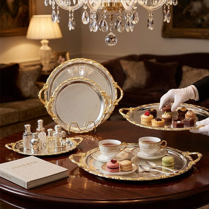 Set of 3 luxury round gold plated serving trays in assorted sizes for elegant serving and décor. 
