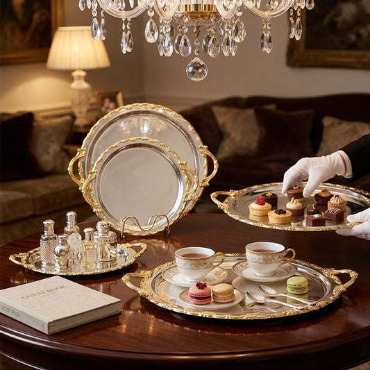 Set of 3 luxury round gold plated serving trays in assorted sizes for elegant serving and décor. 