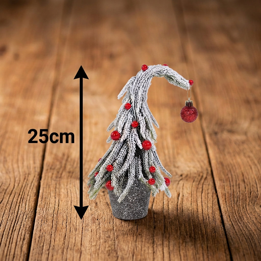 25cm Snow-Covered Christmas Tree Decoration with Wooden Base