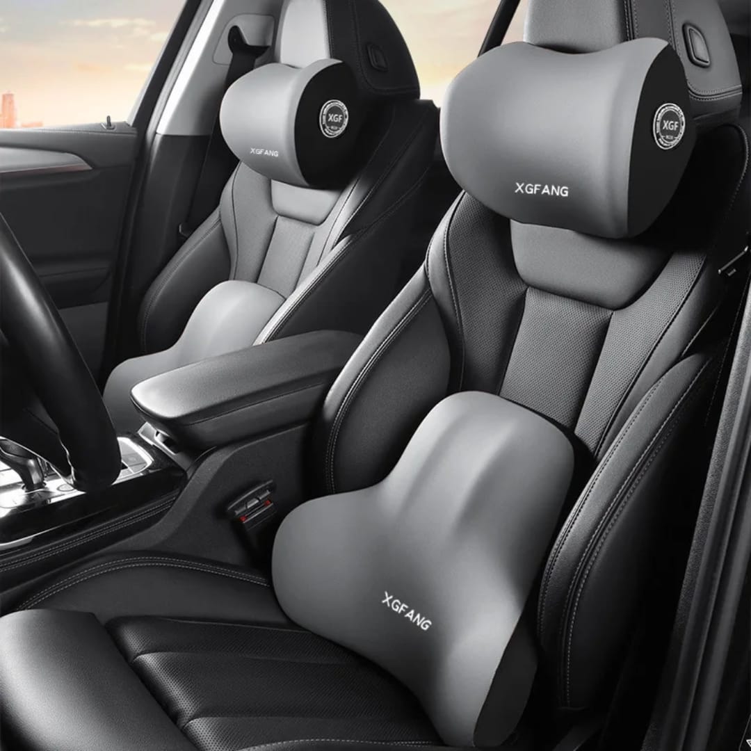 2-piece car headrest and lumbar support set in grey, memory foam cushions for neck and back comfort. 