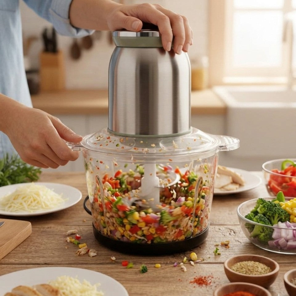 3.0L electric food chopper with 4 leaf stainless steel blades and multi-speed control for fast food preparation. 