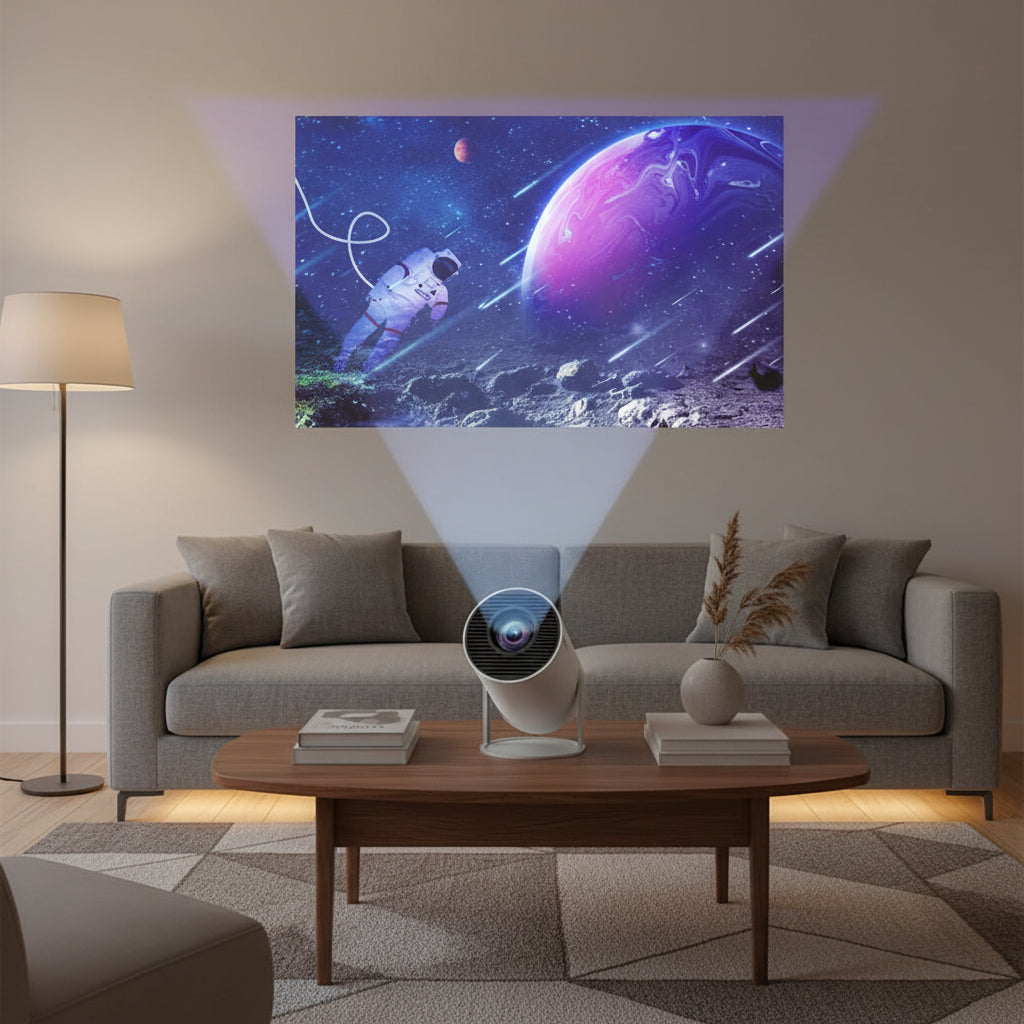 Dawood Lifestyle & Gadgets kes HY300 smart portable projector with WiFi, Bluetooth, 720P HD resolution, built-in stereo speakers, and 180-degree rotatable stand for home theatre and presentations