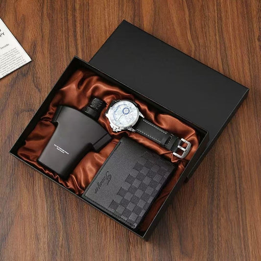 3-in-1 men’s gift set with perfume, wallet, and watch in gift packaging