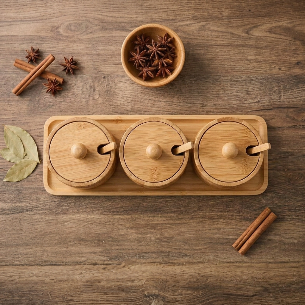3 Piece Bamboo Sugar Dish Set