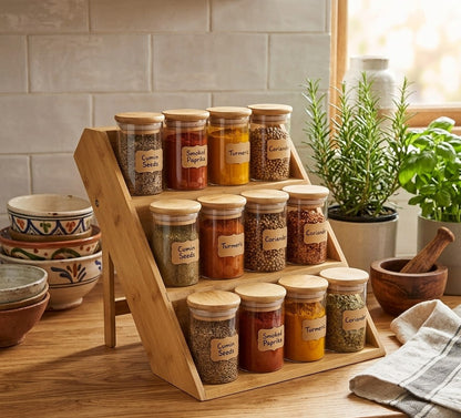 3-tier bamboo spice rack with 12 airtight glass jars, 200 ml each, kitchen organizer with bamboo lids.