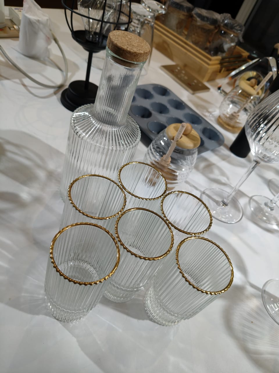 6Pc Ribbed glasses with gold rim  and decanter