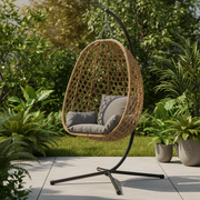 Outdoor one seater hanging egg chair with cushion and metal stand