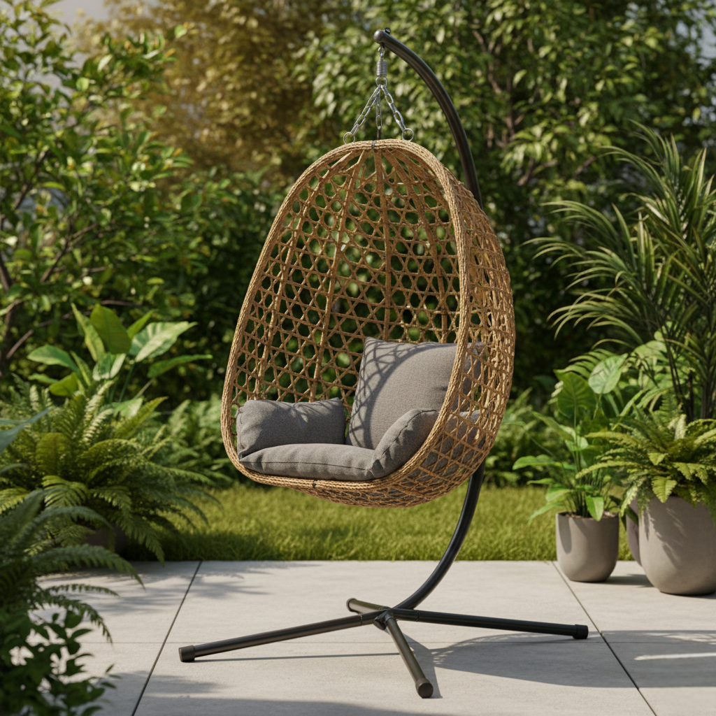 Outdoor one seater hanging egg chair with cushion and metal stand