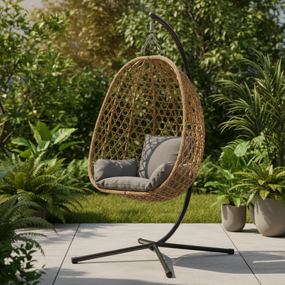 Outdoor one seater hanging egg chair with cushion and metal stand