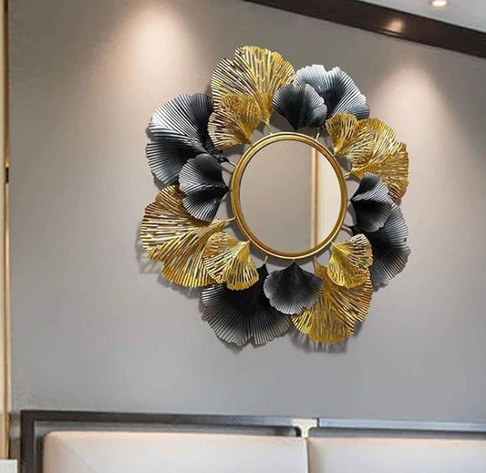 Leaf-shaped decorative wall mirror, 72 cm diameter, golden and grey finish