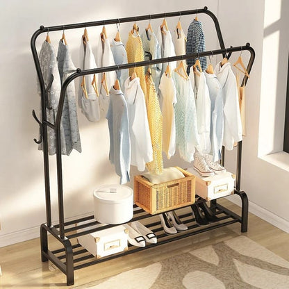 Curved double clothes rack with two shelves and side hooks in white and black

