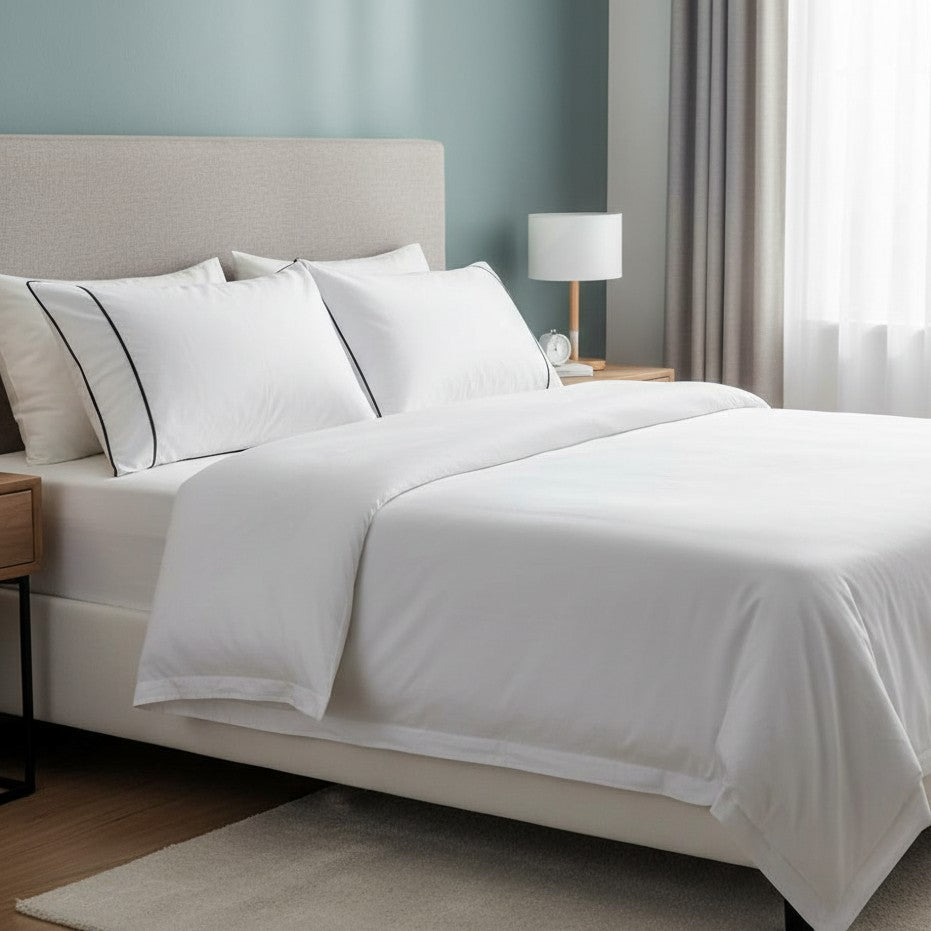 White pillows with grey piping and hidden zipper