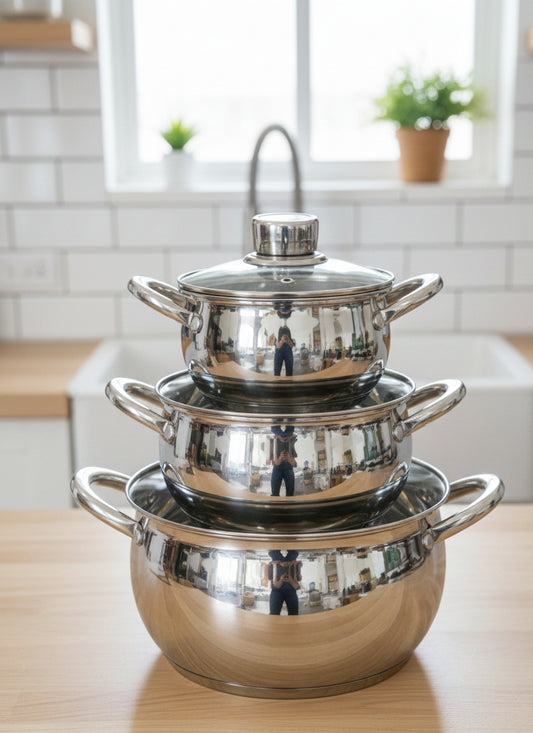 Six piece stainless steel sufuria set with lids.