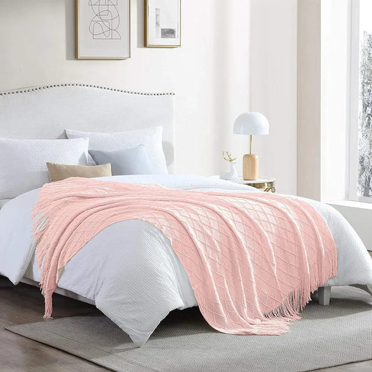 Cashmere knitted throw blanket with tassels, 130×180 cm.