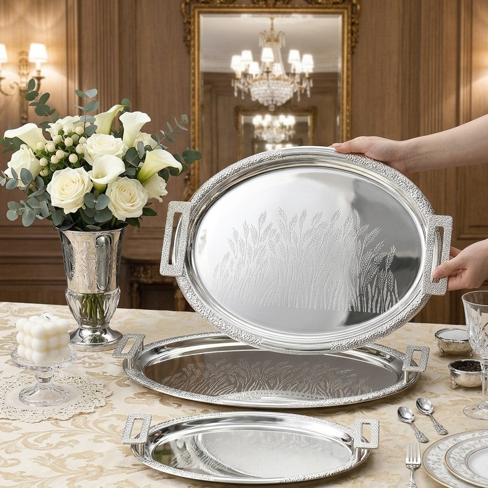 3Pc Antique Round Silver Double Tone Mirror Polished Metal Tray Set