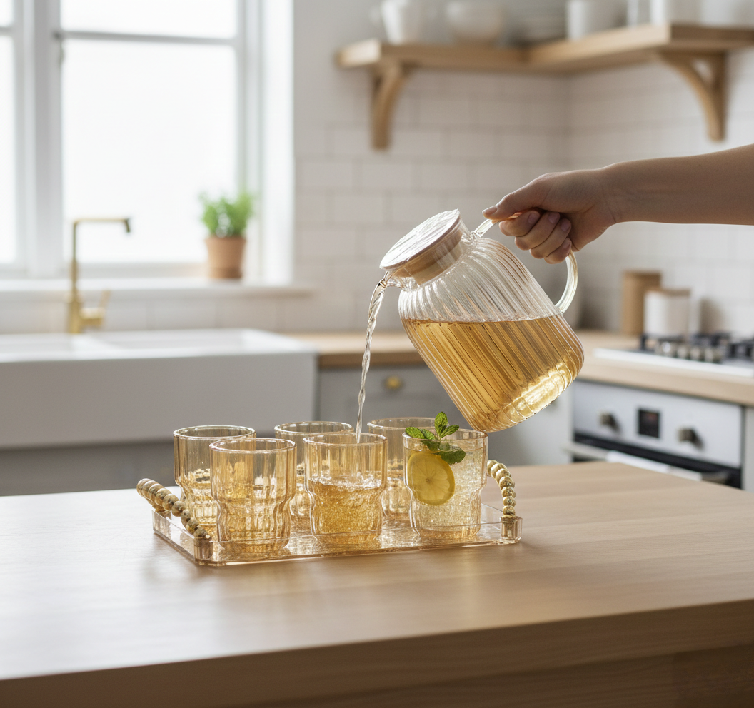 Golden glass water set with 2000ml jug, five 280ml glasses, and acrylic serving tray.
