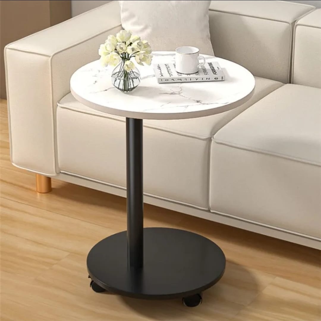 Round Wooden Coffee Side Table with Wheels