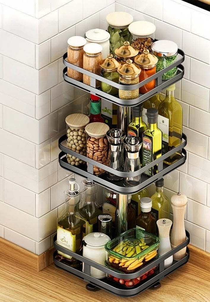 Rotating 3-Tier Spice Jar Glass Organizer