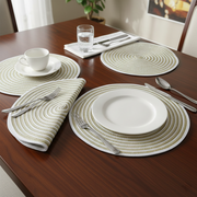 Round braided boho table placemats for dining table décor.