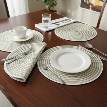 Round braided boho table placemats for dining table décor.