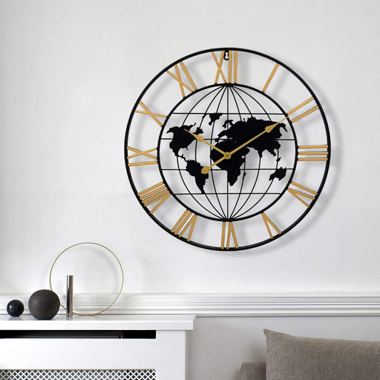 60cm Metallic world map wall clock with Roman numerals for modern home and office wall décor