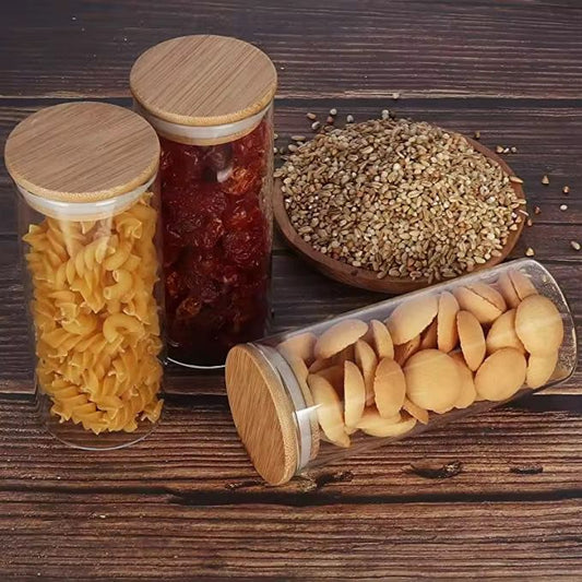 540ml transparent square glass food storage jar with bamboo lid